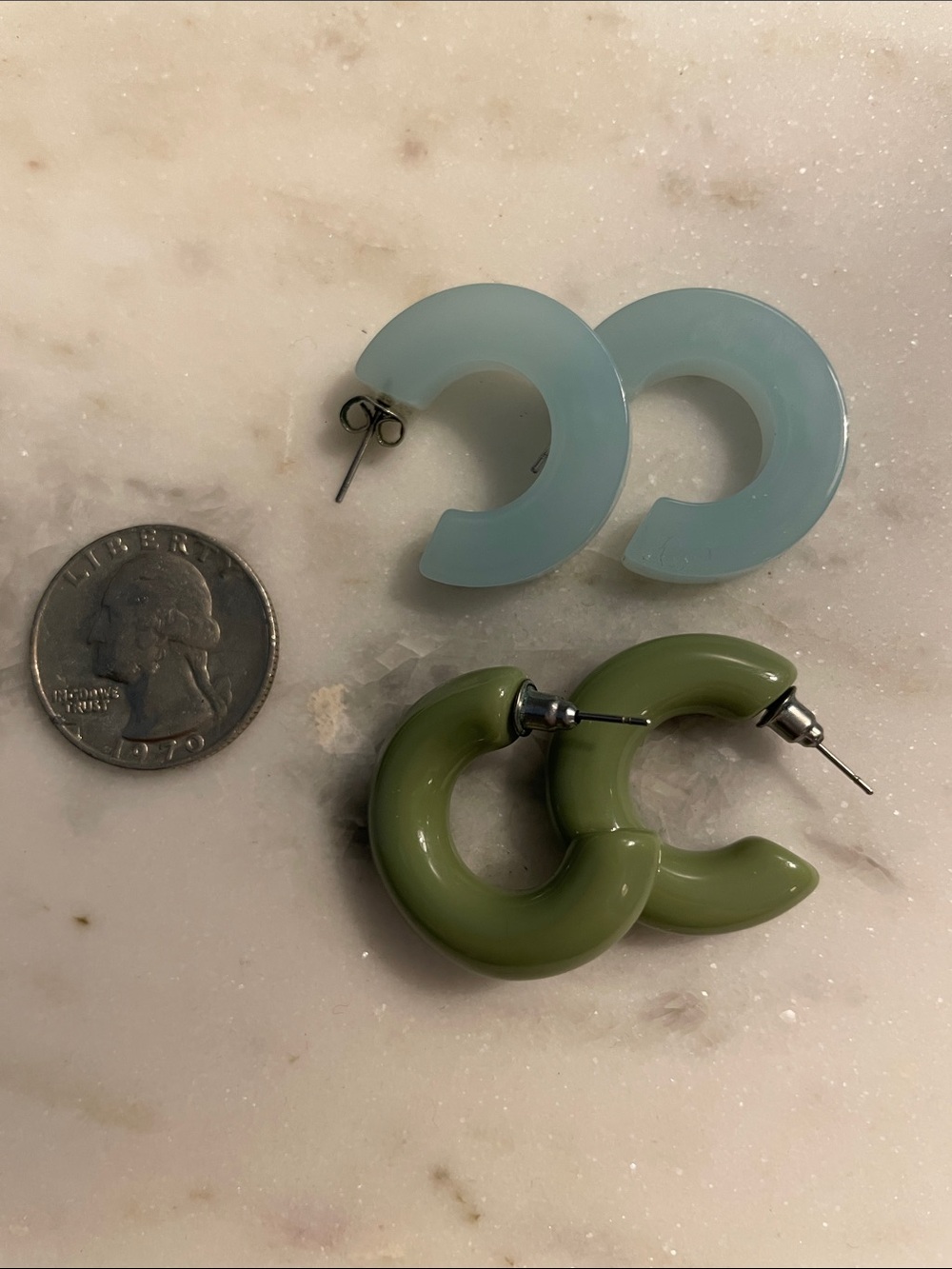 Pair of Small Hoop Resin Earrings in Pale Blue and Olive Green